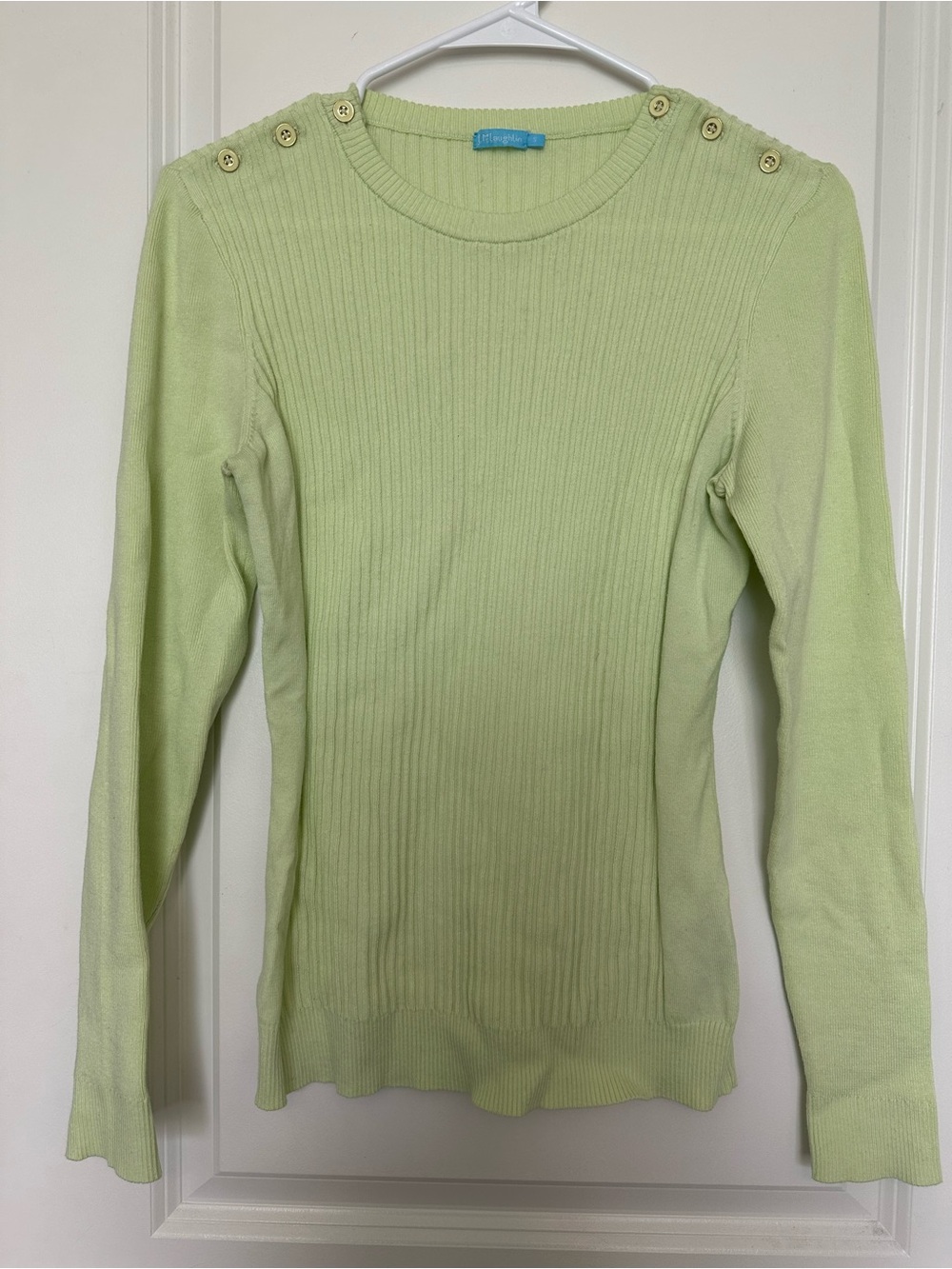 J McLauglin Pale Green Ribbed Long Sleeve Sweater with Shoulder Buttons